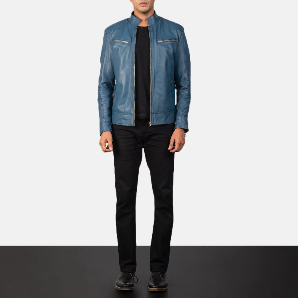 Mens blue leather biker jacket hot sale